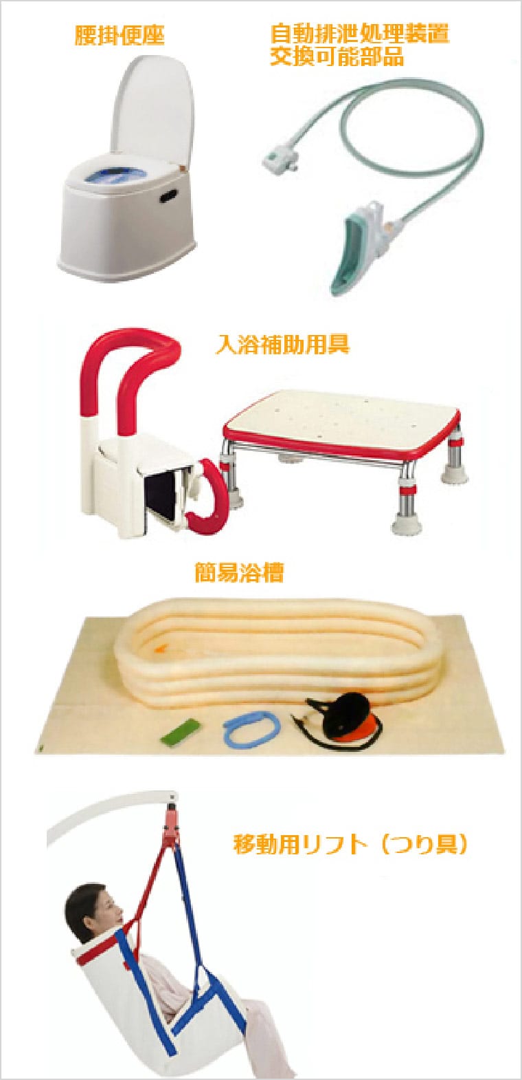 腰掛便座、自動排泄処理装置、入浴補助用具、簡易浴槽、移動用リフト（つり具）の例